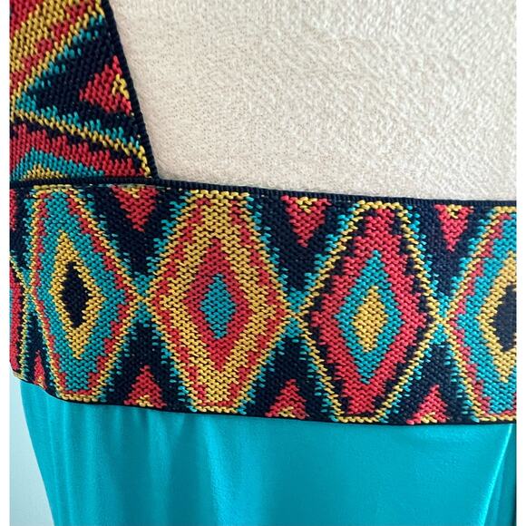 New York & Company Teal Aztec Jersey Knit Maxi Sleeveless Built In Bra Dress L - Picture 6 of 11
